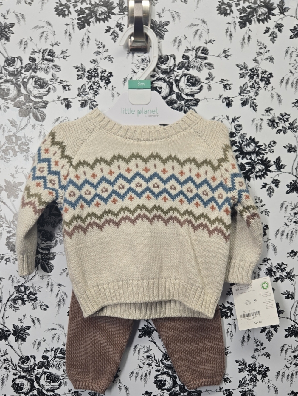 Little Planet Cream Fair Isle Knit Crew Sweater Size 3M